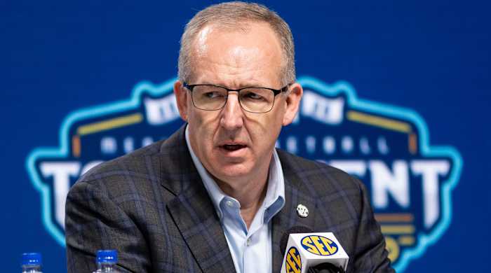 Greg Sankey talks to the media.